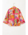 Red Abstract Floral Print Buttoned Ruffled Bubble Sleeve Shirt - XL