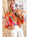 Red Abstract Floral Print Buttoned Ruffled Bubble Sleeve Shirt - XL