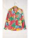 Rose Red Colorblock Abstract Print Button up Loose Shirt - M