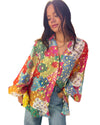 Rose Red Colorblock Abstract Print Button up Loose Shirt - M