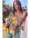 Rose Red Colorblock Abstract Print Button up Loose Shirt - M