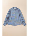 Sky Blue Abstract Print Shirred Cuff Buttoned Oversized Shirt - XL