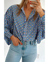 Sky Blue Abstract Print Shirred Cuff Buttoned Oversized Shirt - XL