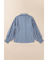 Sky Blue Abstract Print Shirred Cuff Buttoned Oversized Shirt - XL
