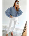Sky Blue Abstract Print Shirred Cuff Buttoned Oversized Shirt - XL