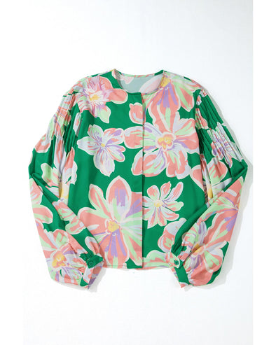 Green Floral Print Button up Pleated Puff Sleeve Loose Shirt - L