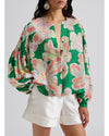 Green Floral Print Button up Pleated Puff Sleeve Loose Shirt - L