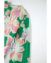 Green Floral Print Button up Pleated Puff Sleeve Loose Shirt - M