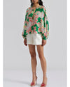 Green Floral Print Button up Pleated Puff Sleeve Loose Shirt - M