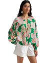 Green Floral Print Button up Pleated Puff Sleeve Loose Shirt - M