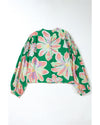 Green Floral Print Button up Pleated Puff Sleeve Loose Shirt - M