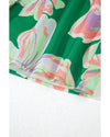 Green Floral Print Button up Pleated Puff Sleeve Loose Shirt - S
