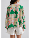 Green Floral Print Button up Pleated Puff Sleeve Loose Shirt - XL