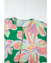 Green Floral Print Button up Pleated Puff Sleeve Loose Shirt - XL