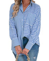 Sky Blue Stripe Plaid Patchwork Button up Long Sleeve Shirt - S