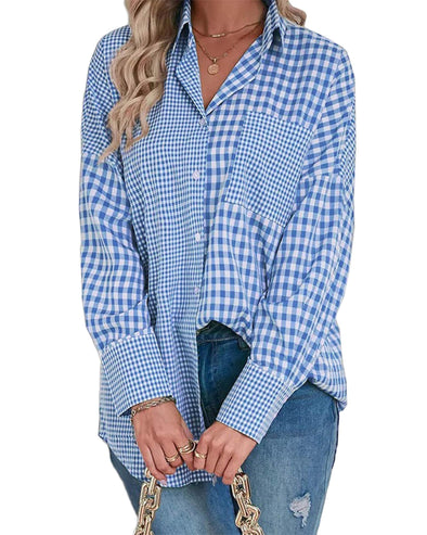 Sky Blue Stripe Plaid Patchwork Button up Long Sleeve Shirt - S
