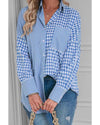 Sky Blue Stripe Plaid Patchwork Button up Long Sleeve Shirt - S