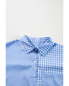 Sky Blue Stripe Plaid Patchwork Button up Long Sleeve Shirt - S