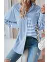 Sky Blue Stripe Plaid Patchwork Button up Long Sleeve Shirt - S