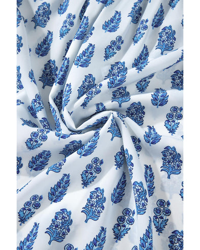 Sky Blue Boho Floral Printed Lantern Sleeve Frilled Neck Shirred Shirt - L