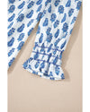Sky Blue Boho Floral Printed Lantern Sleeve Frilled Neck Shirred Shirt - L
