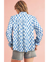 Sky Blue Boho Floral Printed Lantern Sleeve Frilled Neck Shirred Shirt - L