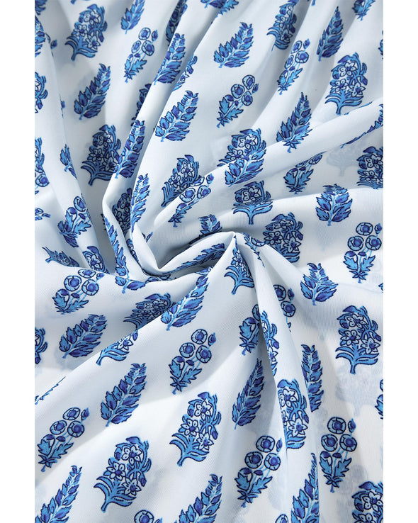 Sky Blue Boho Floral Printed Lantern Sleeve Frilled Neck Shirred Shirt - M