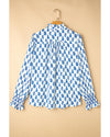 Sky Blue Boho Floral Printed Lantern Sleeve Frilled Neck Shirred Shirt - M