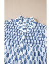 Sky Blue Boho Floral Printed Lantern Sleeve Frilled Neck Shirred Shirt - M