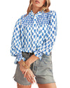 Sky Blue Boho Floral Printed Lantern Sleeve Frilled Neck Shirred Shirt - M