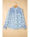 Sky Blue Boho Floral Printed Lantern Sleeve Frilled Neck Shirred Shirt - M
