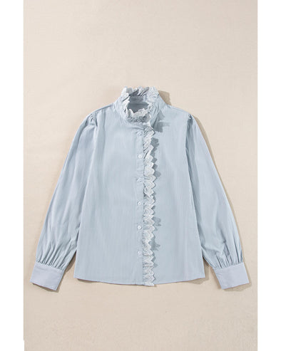 Sky Blue Stripe Frilled Trim Button Up Long Sleeve Shirt - L