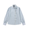 Sky Blue Stripe Frilled Trim Button Up Long Sleeve Shirt - L