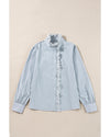 Sky Blue Stripe Frilled Trim Button Up Long Sleeve Shirt - M