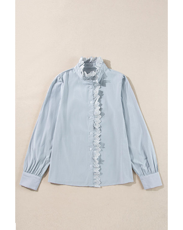 Sky Blue Stripe Frilled Trim Button Up Long Sleeve Shirt - M