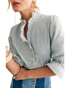 Sky Blue Stripe Frilled Trim Button Up Long Sleeve Shirt - M