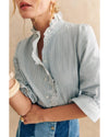 Sky Blue Stripe Frilled Trim Button Up Long Sleeve Shirt - M