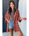 Red Plaid Long Sleeeve Side Split Distressed Hem Shirt - 3XL
