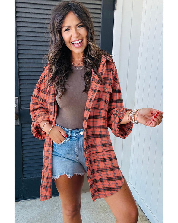 Red Plaid Long Sleeeve Side Split Distressed Hem Shirt - 3XL