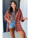 Red Plaid Long Sleeeve Side Split Distressed Hem Shirt - 3XL