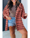 Red Plaid Long Sleeeve Side Split Distressed Hem Shirt - 3XL