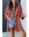 Red Plaid Long Sleeeve Side Split Distressed Hem Shirt - XL