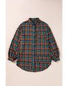 Green Plaid Long Sleeeve Side Split Distressed Hem Shirt - M