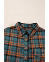 Green Plaid Long Sleeeve Side Split Distressed Hem Shirt - M