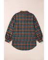 Green Plaid Long Sleeeve Side Split Distressed Hem Shirt - M