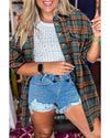 Green Plaid Long Sleeeve Side Split Distressed Hem Shirt - M