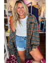 Green Plaid Long Sleeeve Side Split Distressed Hem Shirt - M