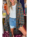 Green Plaid Long Sleeeve Side Split Distressed Hem Shirt - M
