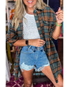 Green Plaid Long Sleeeve Side Split Distressed Hem Shirt - XL