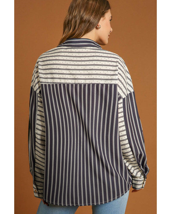 Black Stripe 2-tone Patchwork Half Buttons Chest Pockets Casual Blouse - L